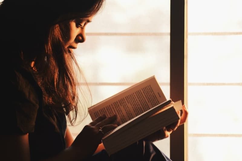 Frau liest Buch, während sie in der Nähe des Fensters sitzt
