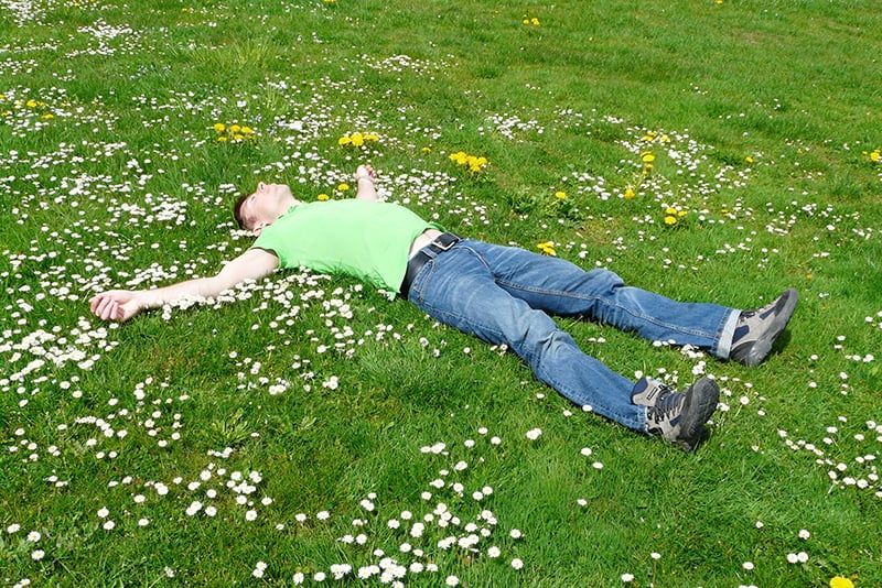 Mann liegt auf Gras, umgeben von Blumen