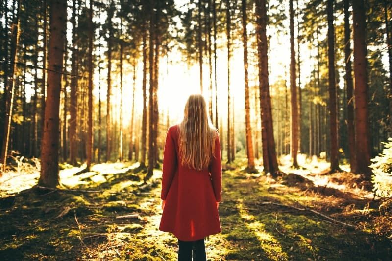 Frau im roten Mantel steht im Wald
