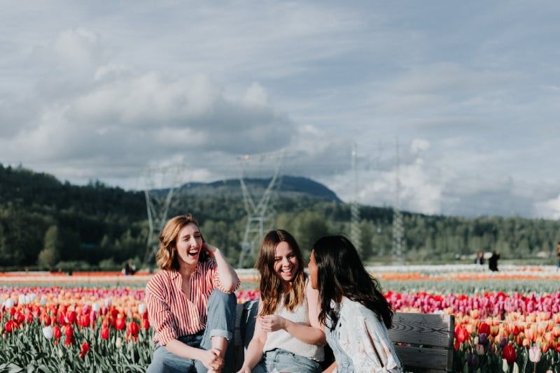 Drei Frauen sitzen auf einer Bank in der Nähe von Tulpenfeldern